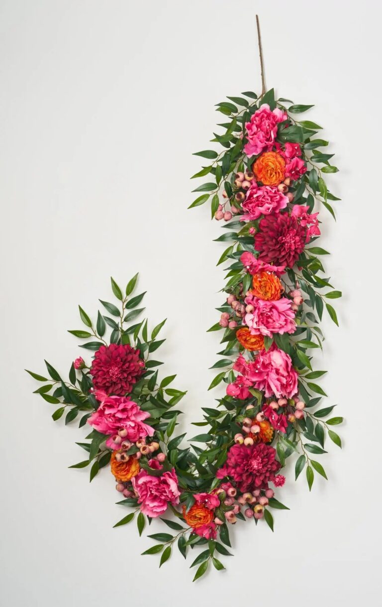 Exotic Beauty - Peony, Dahlia, Pink Bougainvillea and Orange Summer Mantel Garland Table Runner