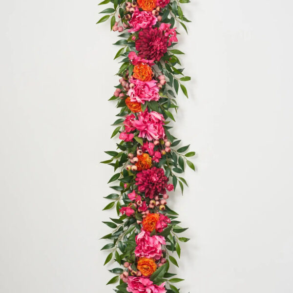 Close-up of greenery along the garland on this Exotic Beauty - Peony, Dahlia, Summer Mantel