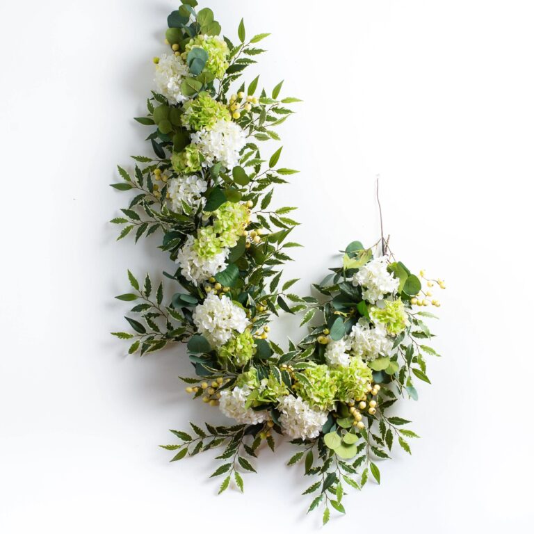 White and Green Hydrangea with Cream Berry Artificial All Greenery Mantle Garland and Table Runner