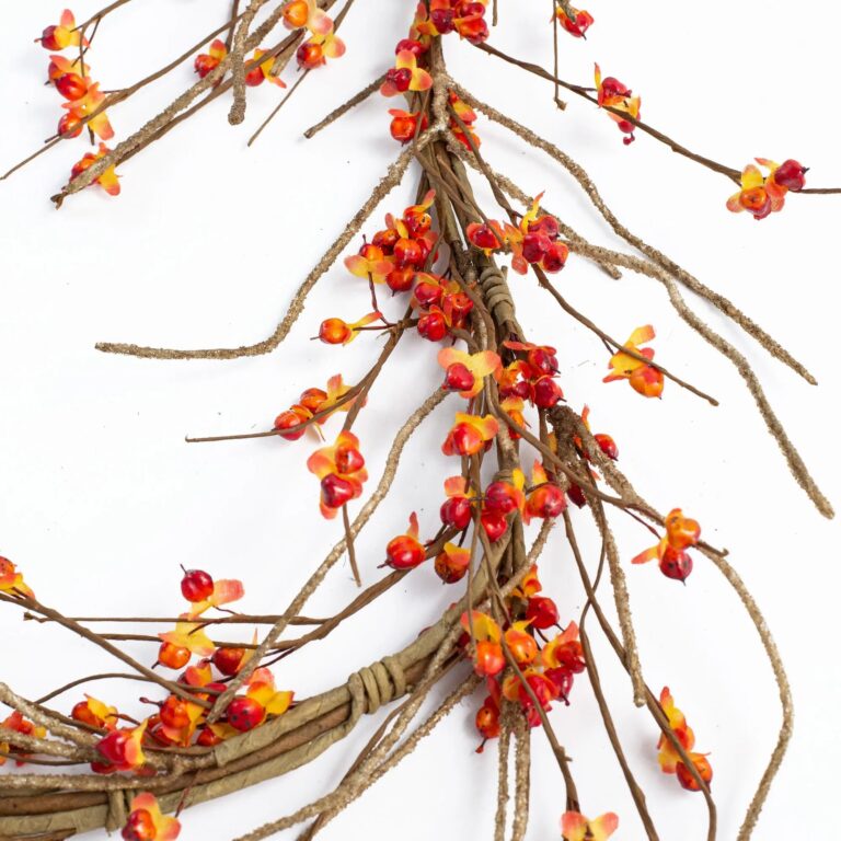 Close-up of greenery along the garland on this Wild Bittersweet Berry and Twig Mantle Fall