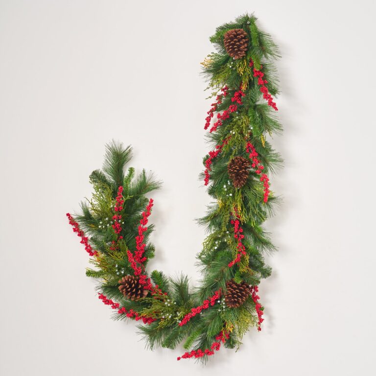 Close-up of greenery along the garland on this Classic Mixed Pine, Cedar, Red Mantel, Stairway