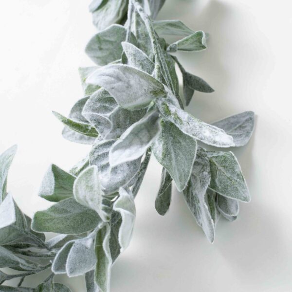 Close-up of greenery along the garland on this Faux Lamb's Ear Greenery Everyday Mantel Garland
