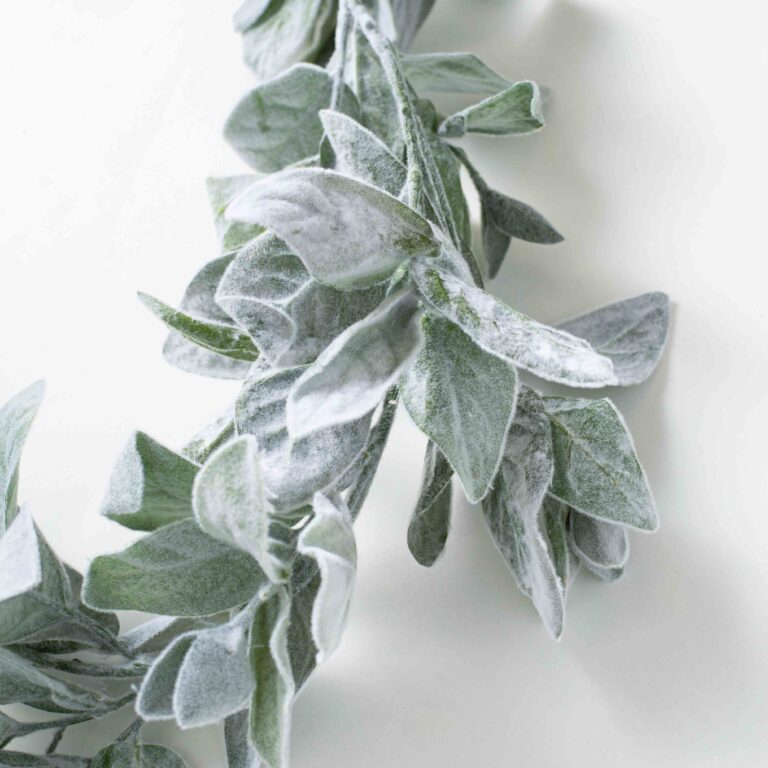 Close-up of greenery along the garland on this Faux Lamb's Ear Greenery Everyday Mantel Garland
