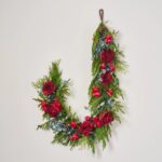Close-up of greenery along the garland on this Red Queen Rose, Mixed Winter Christmas Mantle