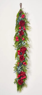Alternate angle of the Red Queen Rose, Mixed Winter Christmas Mantle Garland showing full length