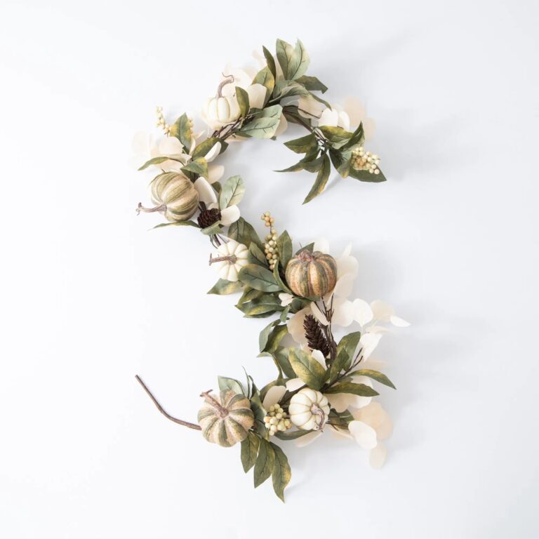 Dried - Look Bleached Lunaria with Mixed Pumpkin, Pinecone Fall Mantel Garland Thanksgiving Table Runner
