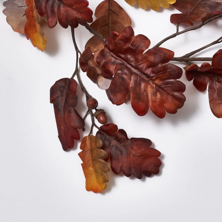 Close-up of greenery along the garland on this Rustic Brown Oak Leaf Runner Mantle Garland
