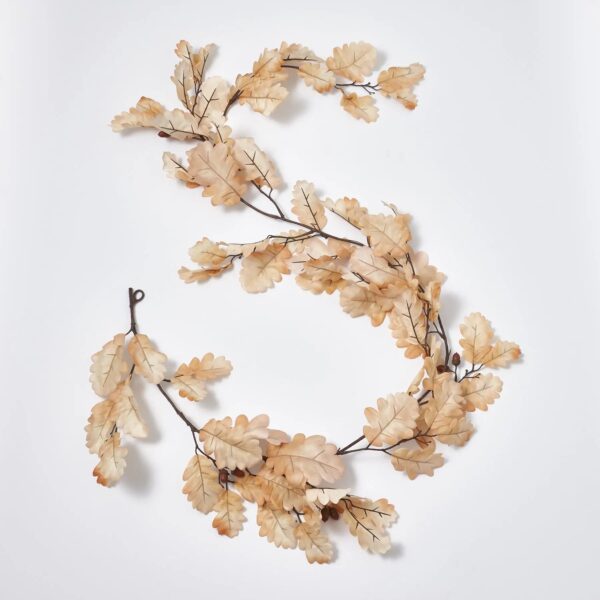 Bleached Cream Oak Leaf and Brown Acorn Fall Mantel Garland Table Runner - Cream