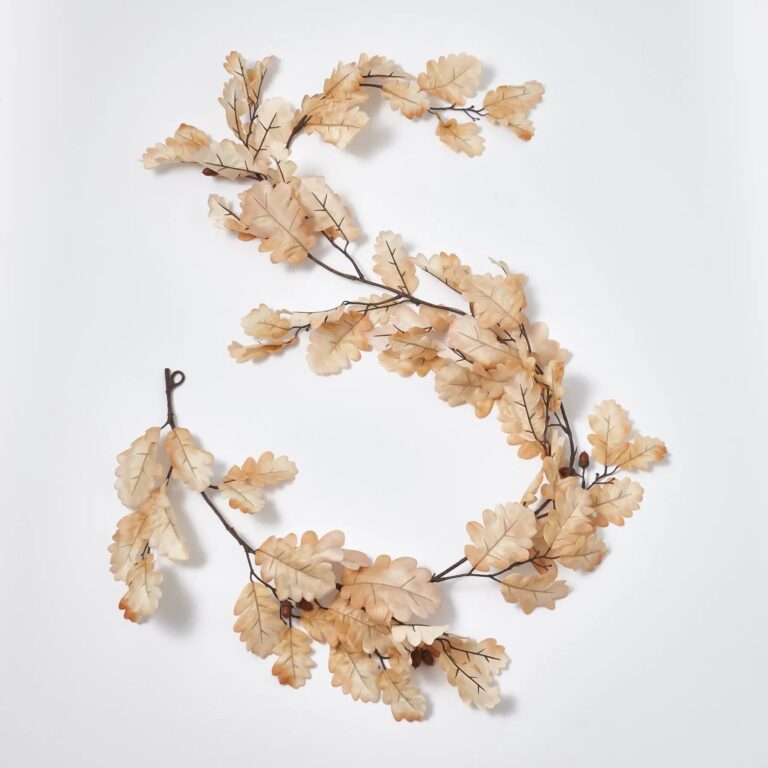 Bleached Cream Oak Leaf and Brown Acorn Fall Mantel Garland Table Runner - Cream
