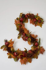 Alternate angle of the Red Pomegranate, Faux Pinecone Fall Mantle Garland Table showing full length
