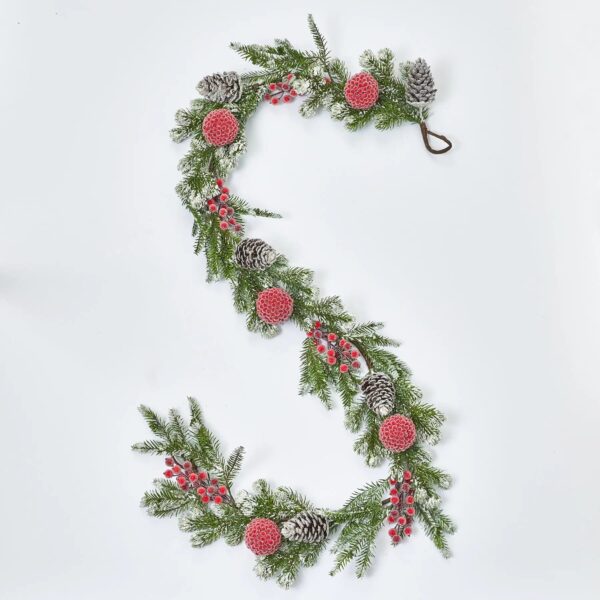 Snow Tipped Pine, Iced Red Berry Ball, and Pinecone Christmas Mantle Garland Winter Table Runner