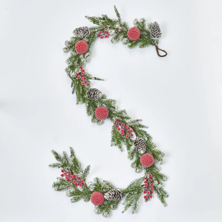 Snow Tipped Pine, Iced Red Berry Ball, and Pinecone Christmas Mantle Garland Winter Table Runner