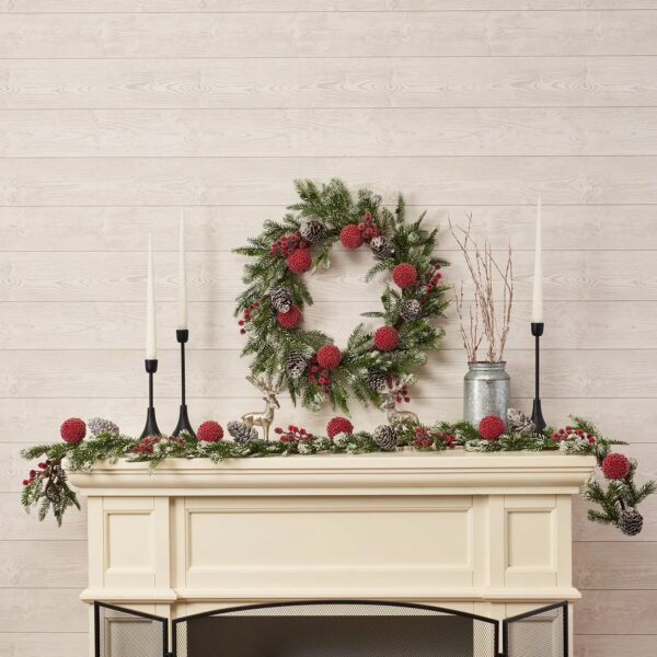 Close-up of greenery along the garland on this Snow Tipped Pine, Iced Red Christmas Mantle