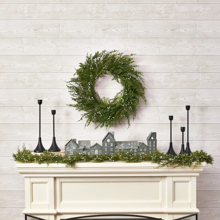 Close-up of greenery along the garland on this Seeding Winter Juniper Berry Greenery Classic Christmas