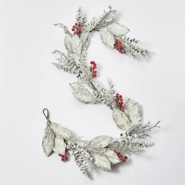 Snow Covered Magnolia Leaf and Eucalyptus with Sugar Berry Pods Christmas Garland Holiday Table Runner