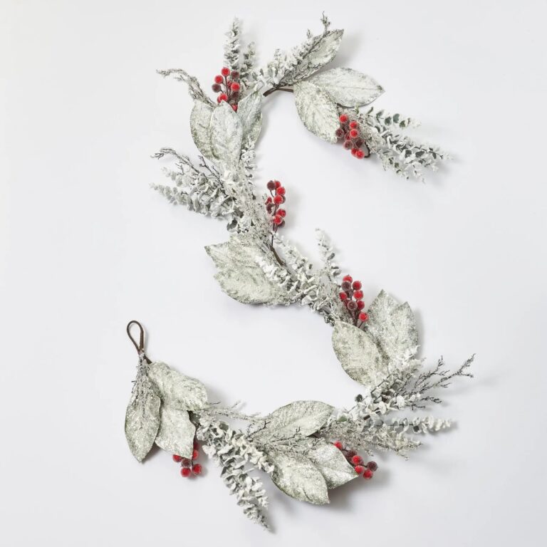 Snow Covered Magnolia Leaf and Eucalyptus with Sugar Berry Pods Christmas Garland Holiday Table Runner
