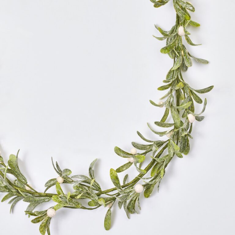 Close-up of greenery along the garland on this Frosty Mistletoe and White Berry Christmas Mantel