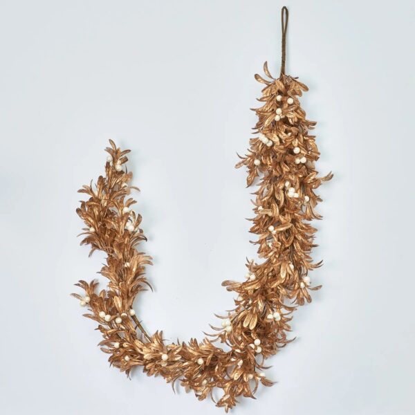 Shiny Metallic Gold Boxwood and Pearl White Mistletoe Berry Christmas Mantle Garland Festive Holiday Table
