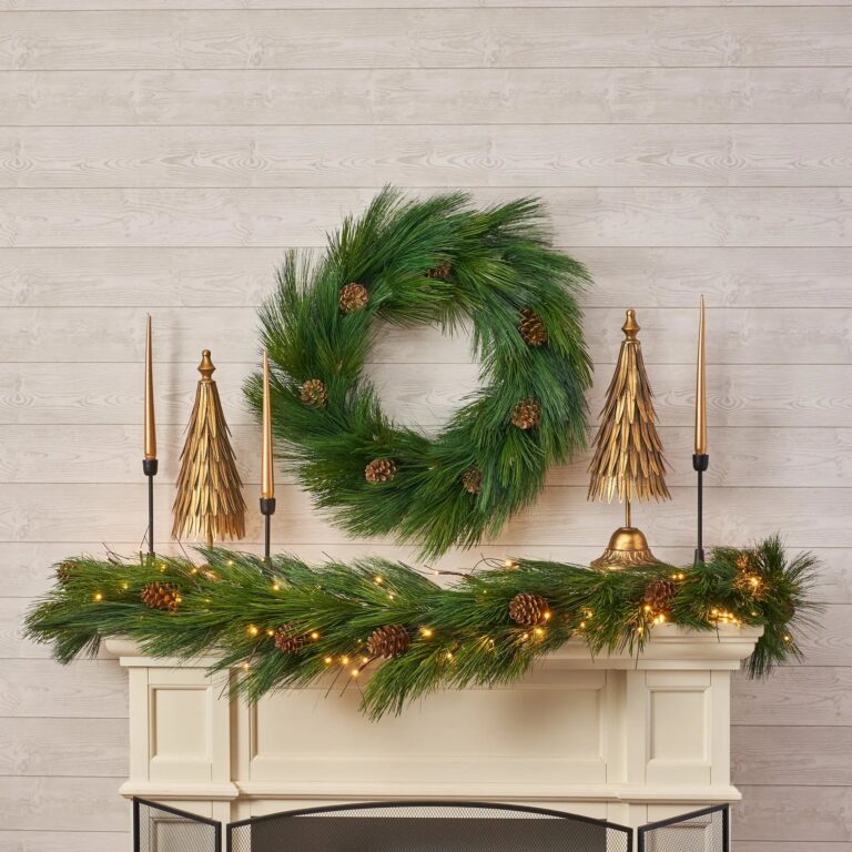 Close-up of greenery along the garland on this Deluxe Long Needle Pine Greenery Christmas Garland