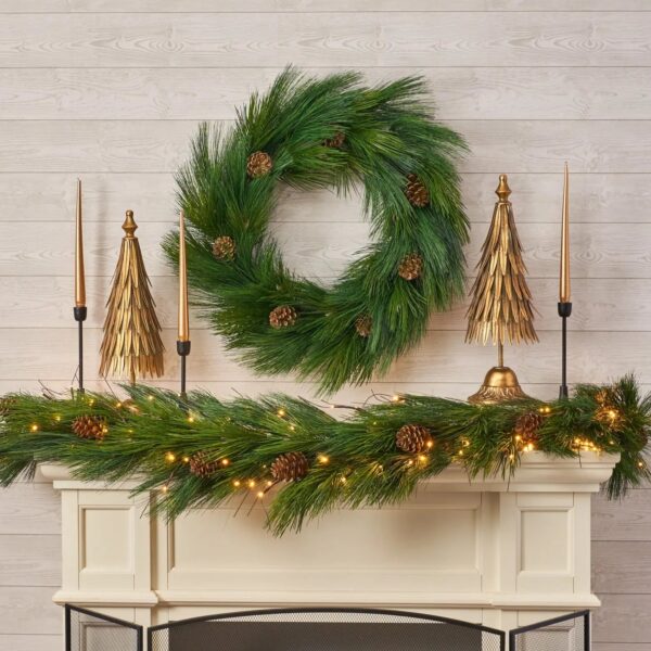 Close-up of greenery along the garland on this Pre - Lit Long Needle Pinecone Christmas