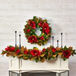 Classic Christmas Real Touch Red Magnolia Blooms, Buds, Holiday Mantel Garland - 5 Foot