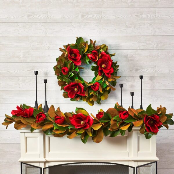 Classic Christmas Real Touch Red Magnolia Blooms, Buds, Holiday Mantel Garland - 5 Foot