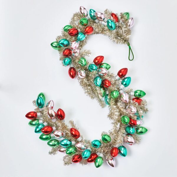 Razzle Dazzle Christmas - Gold and Silver Tinsel Garland with Vintage Bulbs In Pink, Turquoise
