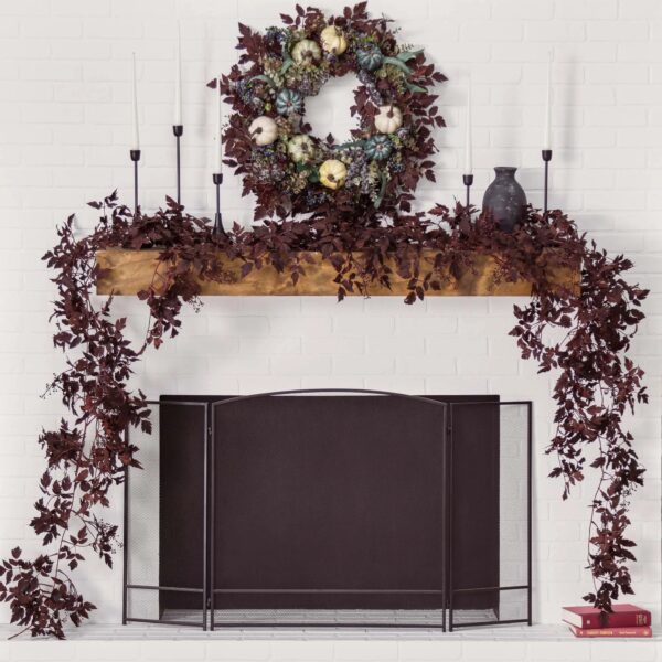 Close-up of greenery along the garland on this Dark Plum Cimicifuga Ramosa Leaf Berry Mantel