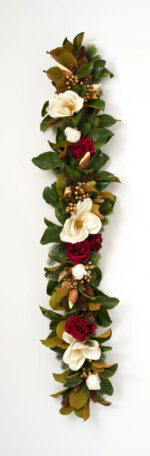 Alternate angle of the Real Touch Magnolia, Metallic Gold Pinecone Christmas Garland showing full length