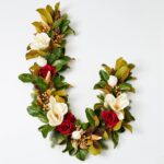 Real Touch Magnolia, Metallic Gold Crabapple, Red Queen Rose, Pine and Pinecone Christmas Garland