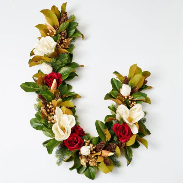 Real Touch Magnolia, Metallic Gold Crabapple, Red Queen Rose, Pine and Pinecone Christmas Garland