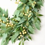 Close-up of greenery along the garland on this All Seasons Faux Blade Eucalyptus, Gooseberries Mantle