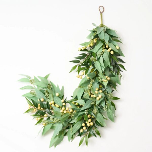All Seasons Faux Blade Eucalyptus, Green Smilax and Cream Gooseberries Mantle Garland Everyday Greenery Table