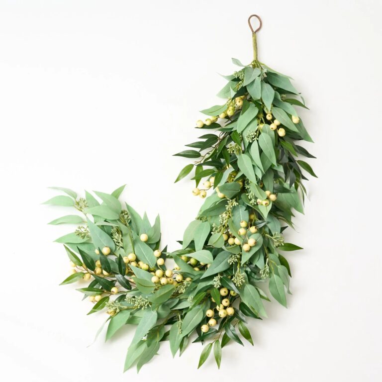 All Seasons Faux Blade Eucalyptus, Green Smilax and Cream Gooseberries Mantle Garland Everyday Greenery Table