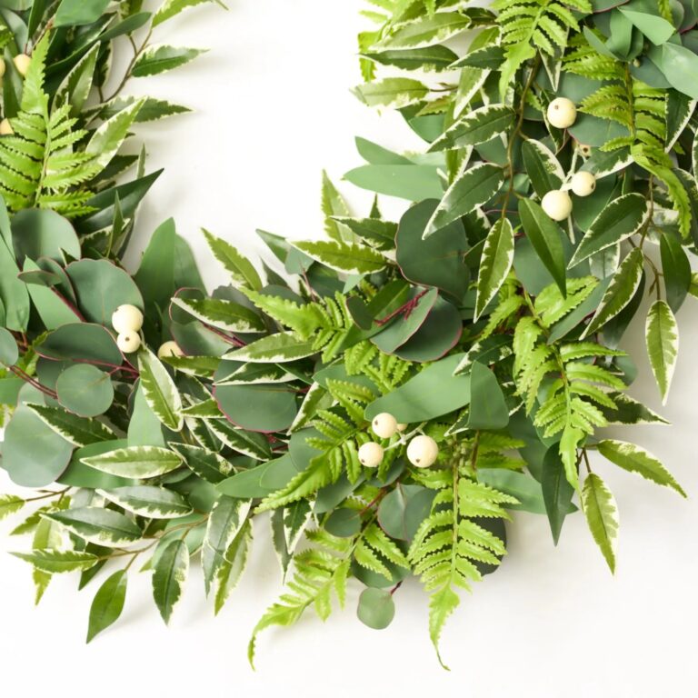 Close-up of greenery along the garland on this Real Touch Silver Dollar Eucalyptus, Everyday Mantle