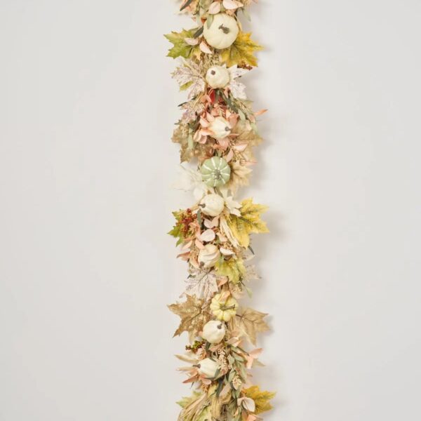 Close-up of greenery along the garland on this Blushing Autumn - Mixed Cream Fall Mantle