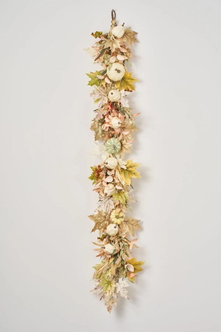 Close-up of greenery along the garland on this Blushing Autumn - Mixed Cream Fall Mantle