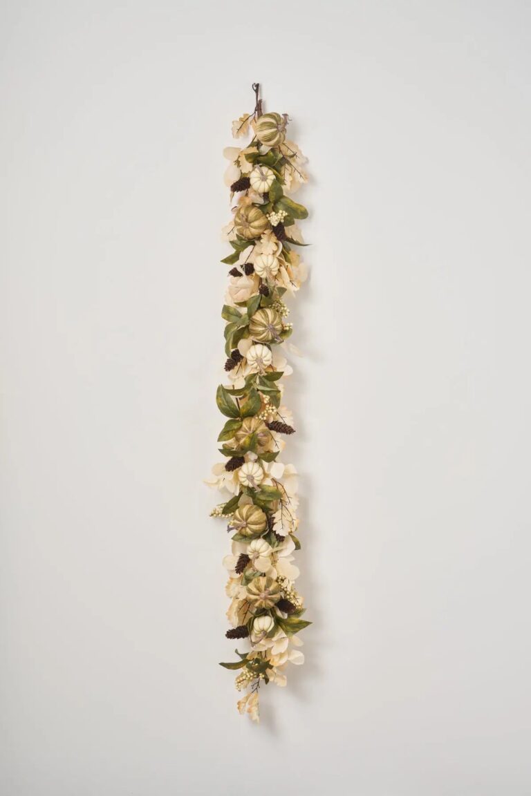 Close-up of greenery along the garland on this Verdant Harvest - Green Fall Mantel Garland