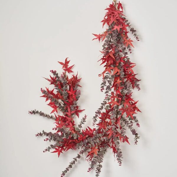 Autumn Evenings - Red Japanese Maple Leaf and Dusty Fall Mantle Garland Table Runner