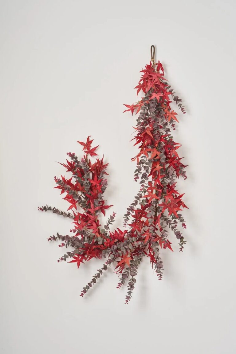 Autumn Evenings - Red Japanese Maple Leaf and Dusty Fall Mantle Garland Table Runner