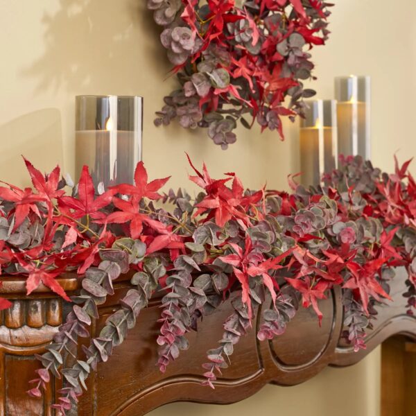 Close-up of greenery along the garland on this Autumn Evenings - Red Japanese Fall Mantle