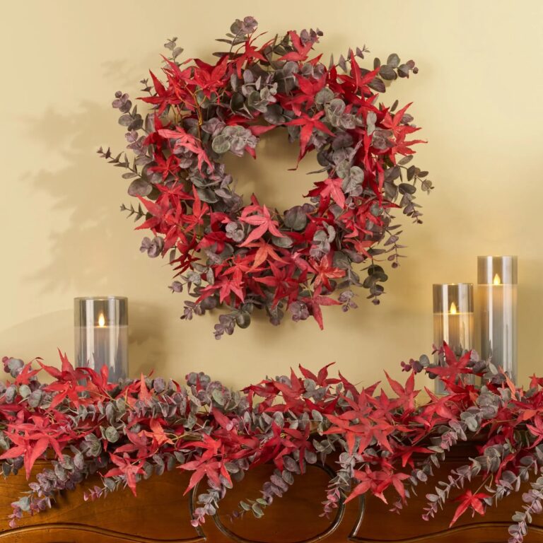 Close-up of blooms and berries on this Autumn Evenings - Red Japanese Front Door Wreath