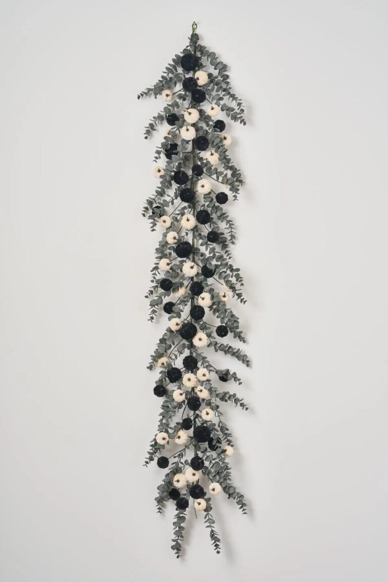 Close-up of greenery along the garland on this Dark Enchantment - Dark Grey Fall Mantle