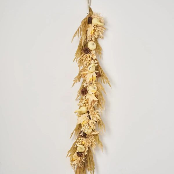 Close-up of greenery along the garland on this Harvest Wheat - Mixed Cream Fall Mantle