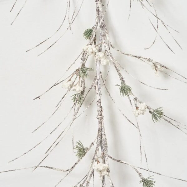 Close-up of greenery along the garland on this Glitter Snow White Birch Branch Mantle Christmas