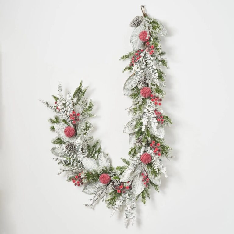 Holiday Frost - Snow Magnolia, Eucalyptus, Red Berry Mantle Christmas Garland - 6 Foot