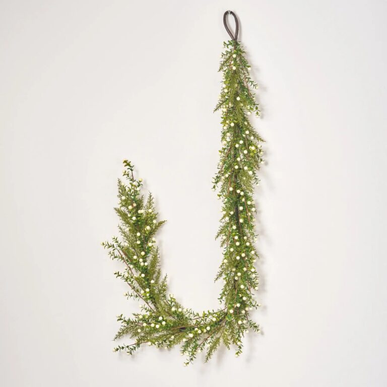 Cream White Berry and Boxwood Cedar Greenery Winter Berry Runner Mantle Garland - 6 Foot