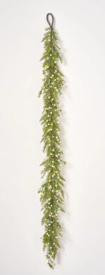Alternate angle of the Cream White Berry and Boxwood Runner Mantle Garland showing full length