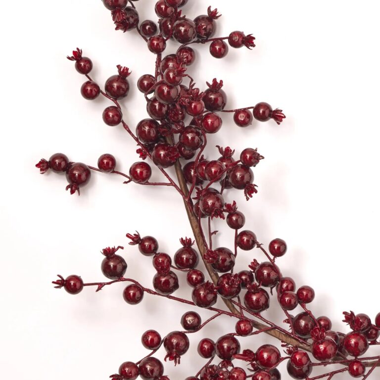 Close-up of greenery along the garland on this Waterproof Dark Burgundy Red Ridge Holiday Mantle