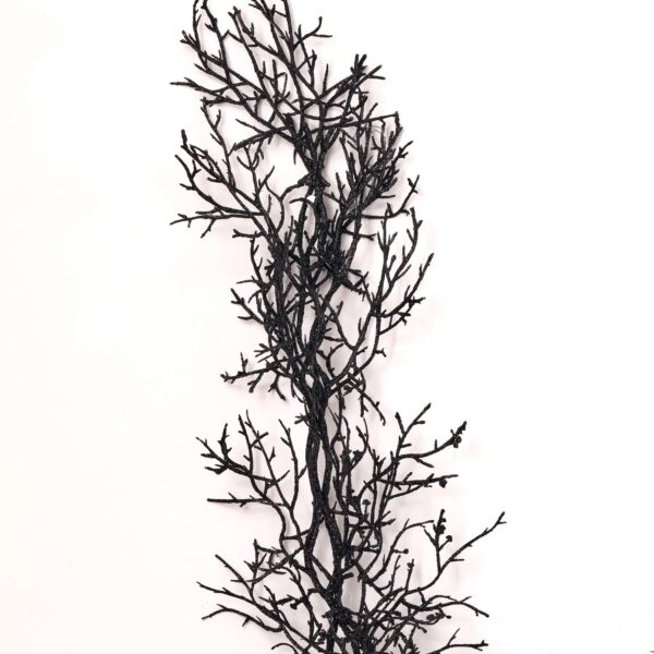 Close-up of greenery along the garland on this Black Glitter Twig Branch Halloween Fall Mantle